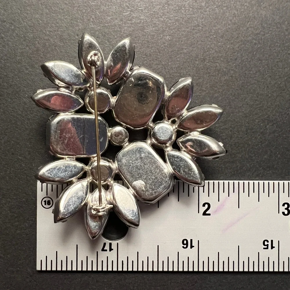 Vintage Rhinestone Brooch Black Crystal Domed‎ Floral Spray